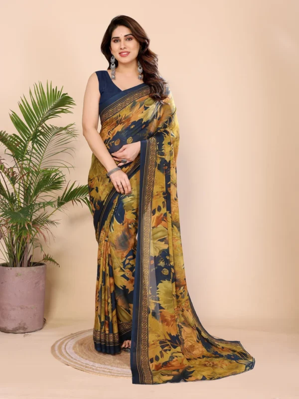 VJ FASHION Floral Print Daily Wear Georgette Saree (Blue)